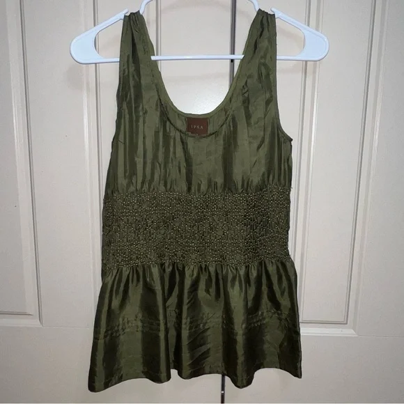 IPSA Anthropologie 100% Silk Olive Green Satin Beaded Peplum Blouse Size Medium - Picture 6 of 9